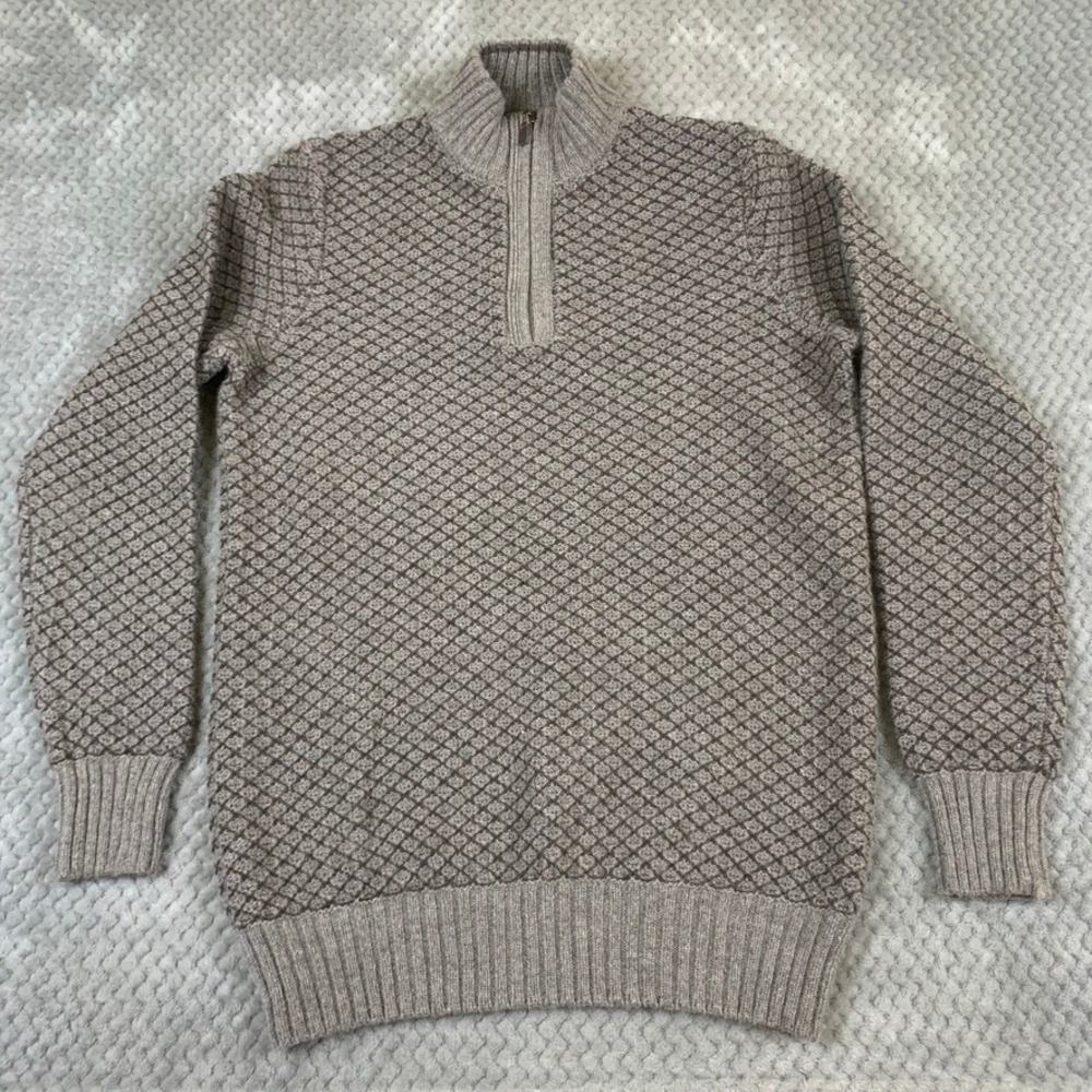 Joseph Abboud Men Wool Blend Quarter Zip Sweater Medium Taupe Brown Diamond Knit - Picture 1 of 9